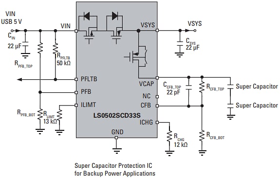 Schéma du circuit d'application - Littelfuse CI de protection de super condensateur LS0502SCD33S